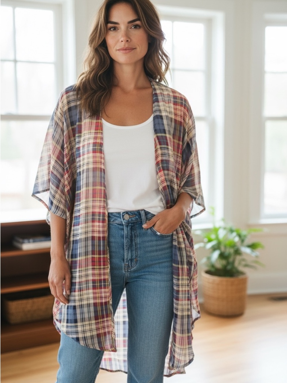 torrid Plaid Open-Front Kimono in Red, Blue & Cream